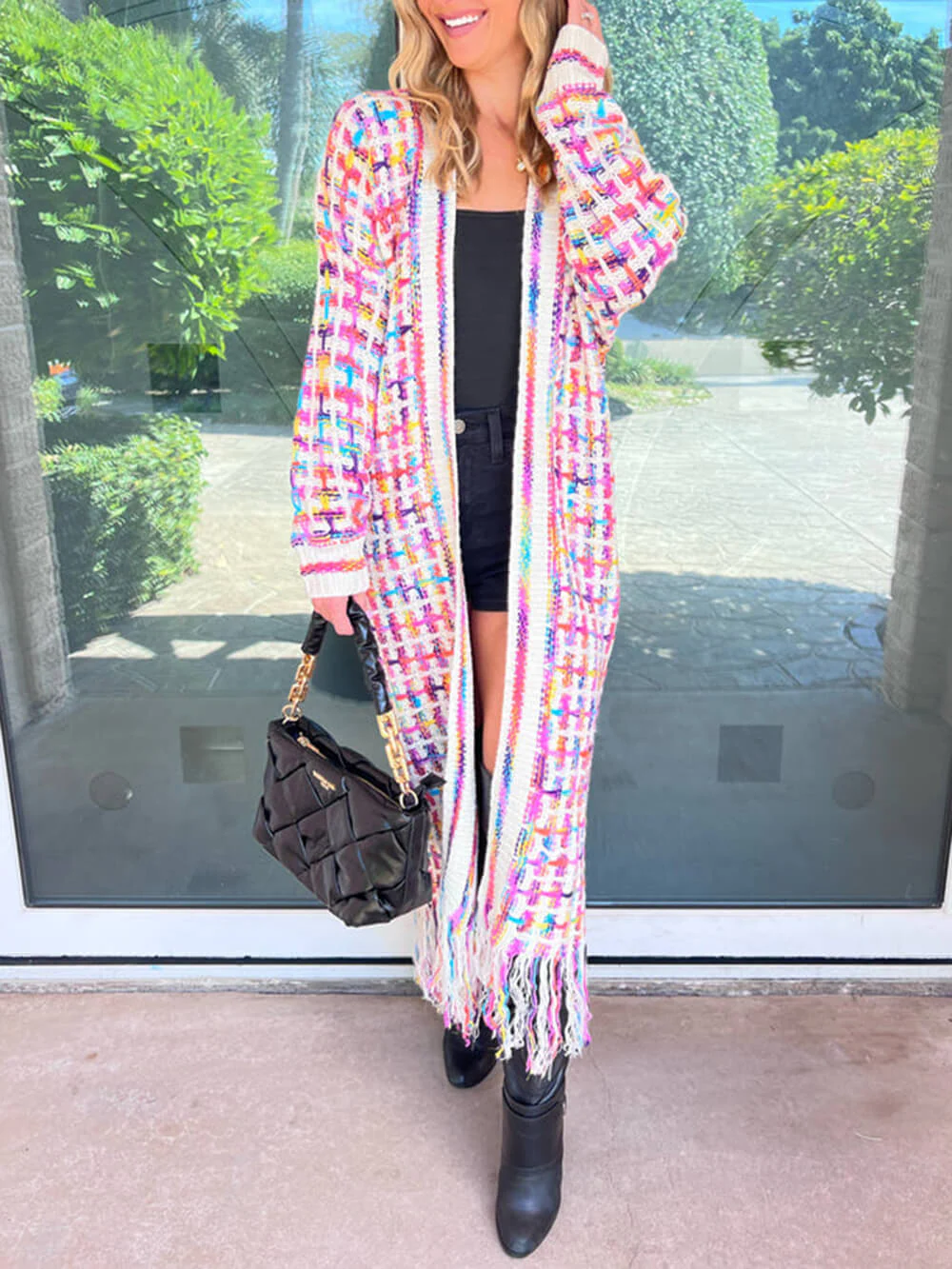 Boho Multicolor Fringe Hem Longline Cardigan - Image 3
