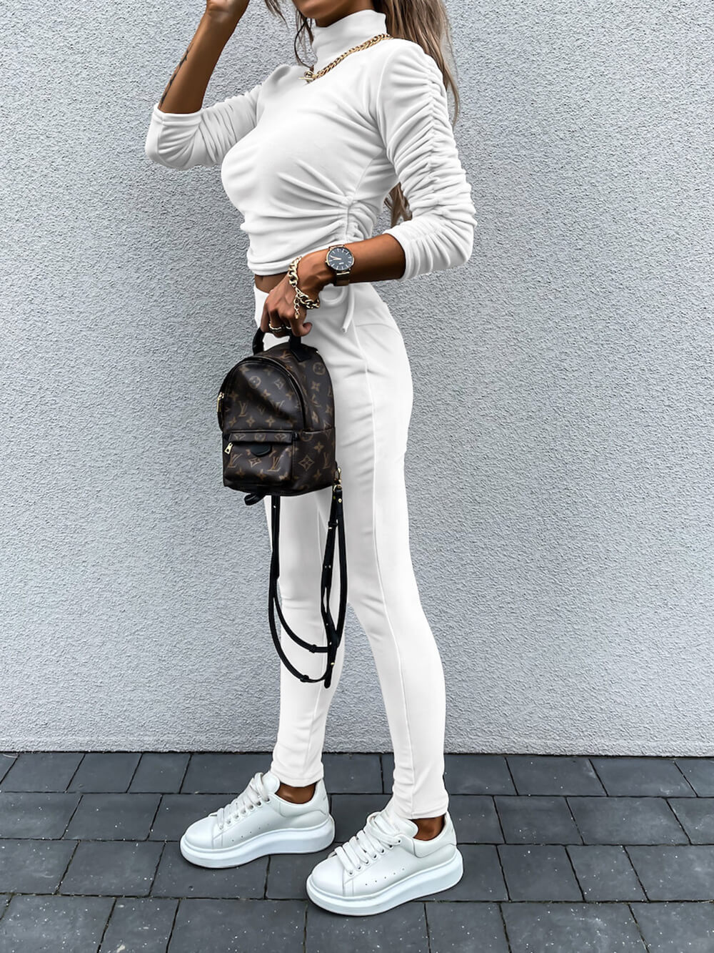 Casual Daily Solid Draw String Fold Turtleneck Long Sleeve Two Pieces - Image 3