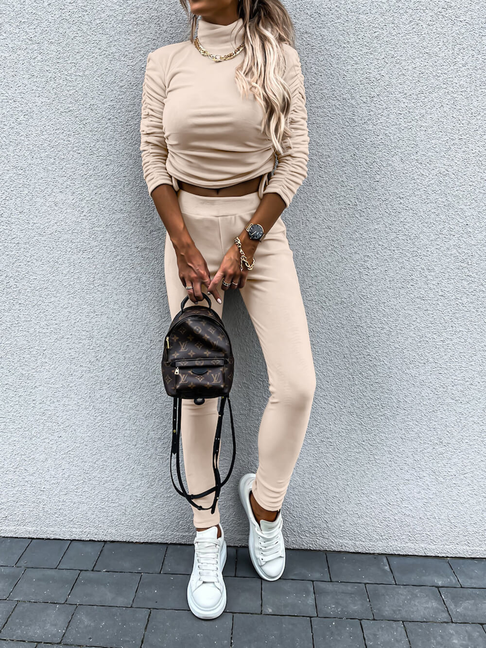 Casual Daily Solid Draw String Fold Turtleneck Long Sleeve Two Pieces - Image 7