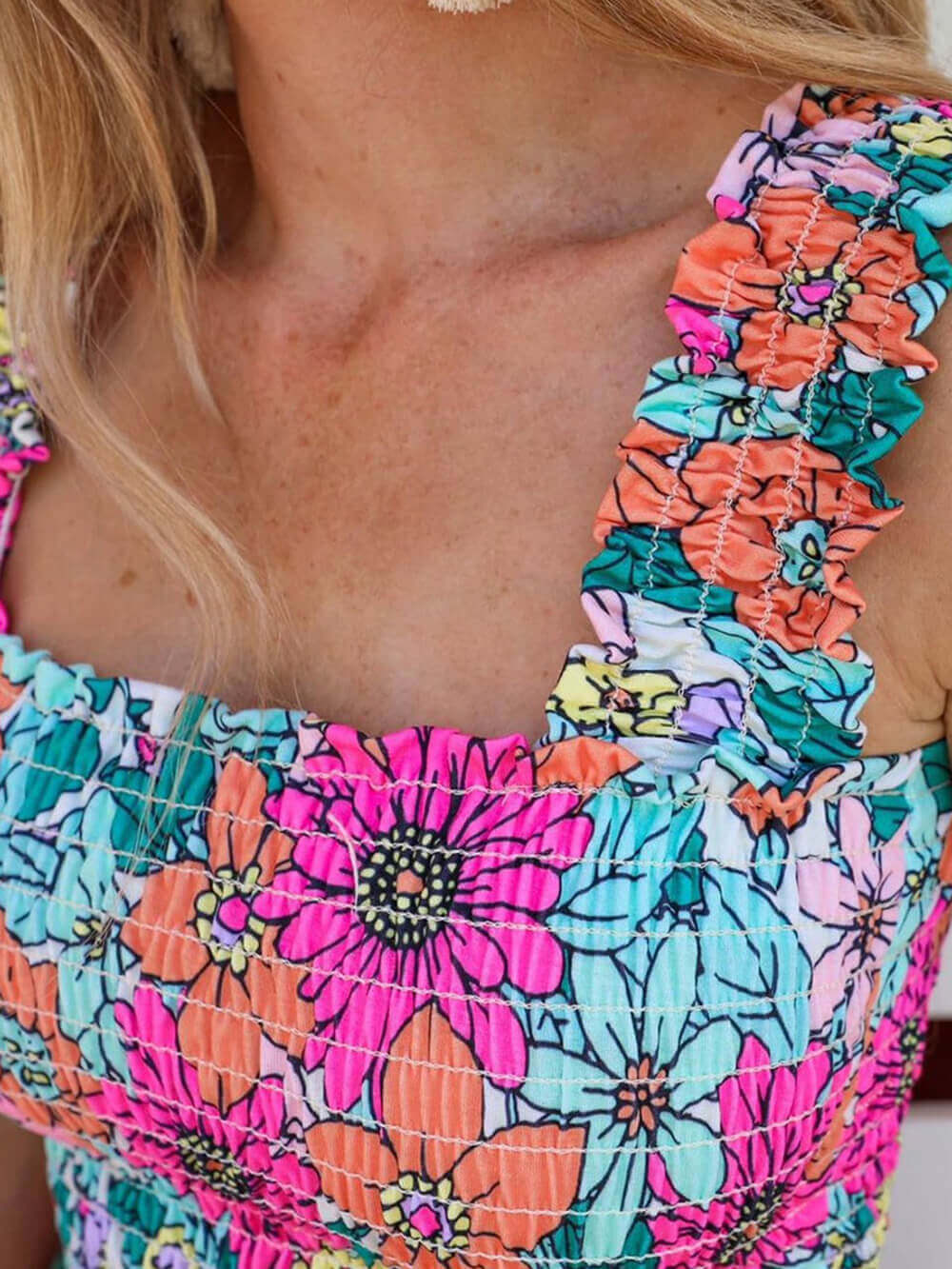 Daisy Floral Smocked Square Neck Tank Peplum Crop Tops - Image 4