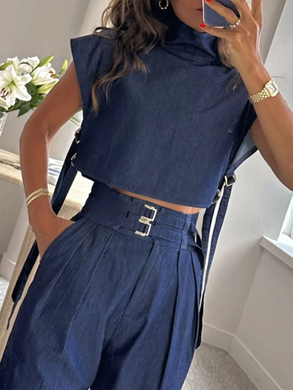 Cut Out Vest High-Neck Suit Pants Set - Image 3