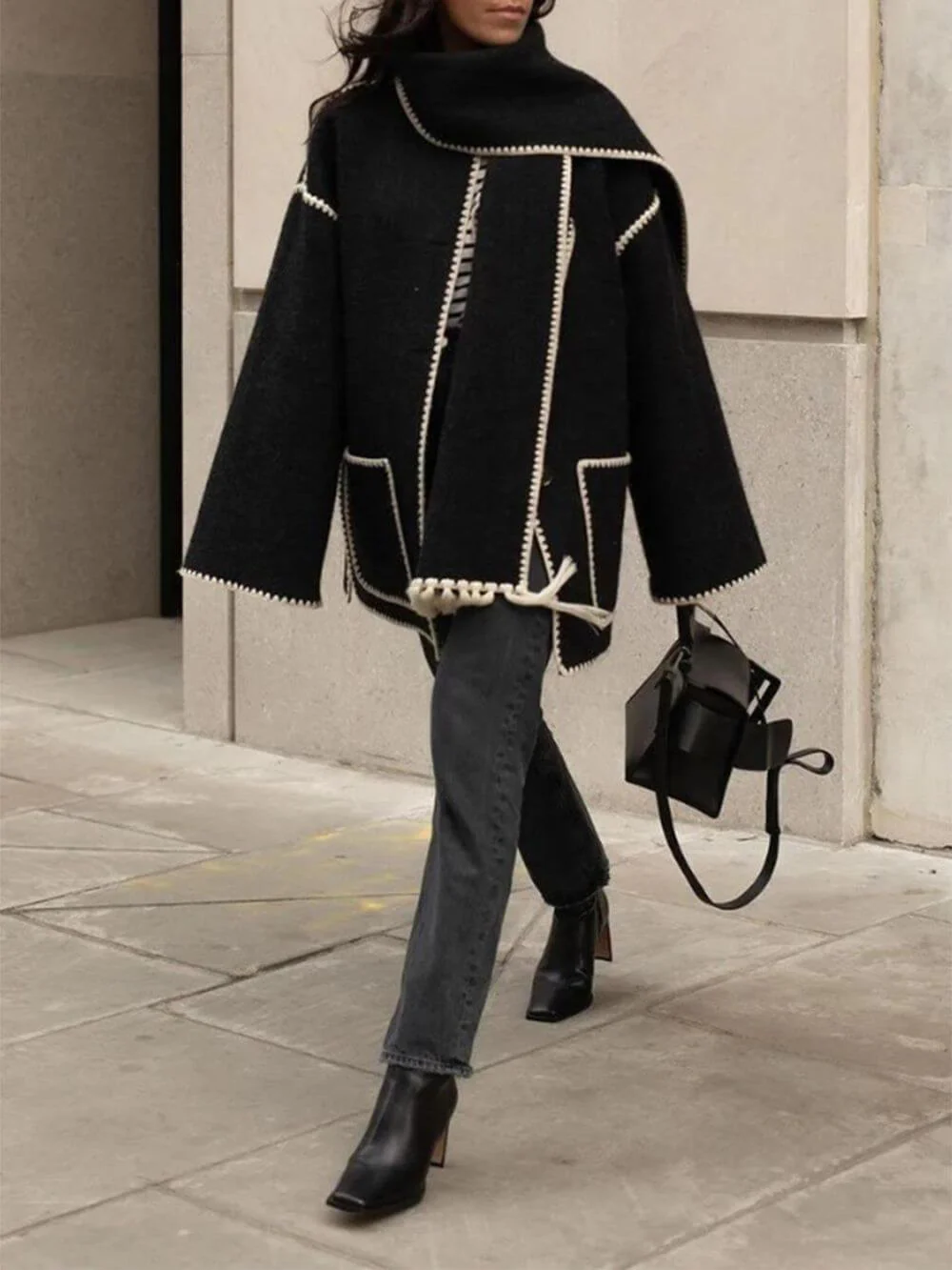 Draped Fringed Blend Jacket With Scarf - Image 10