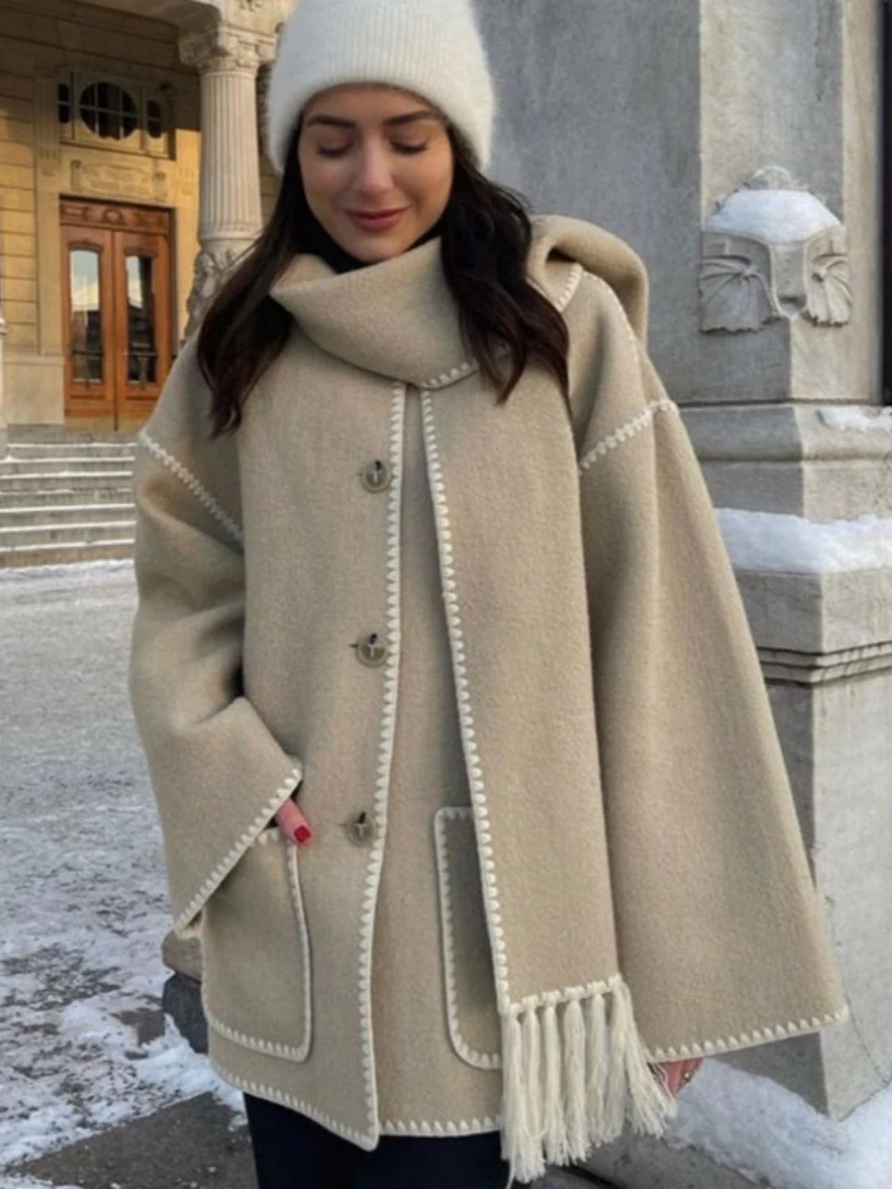 Draped Fringed Blend Jacket With Scarf - Image 11