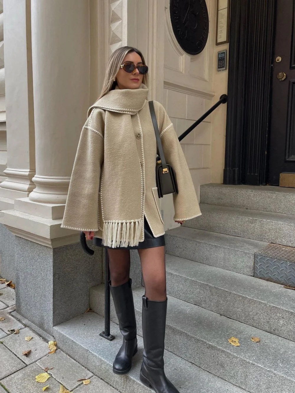 Draped Fringed Blend Jacket With Scarf - Image 12
