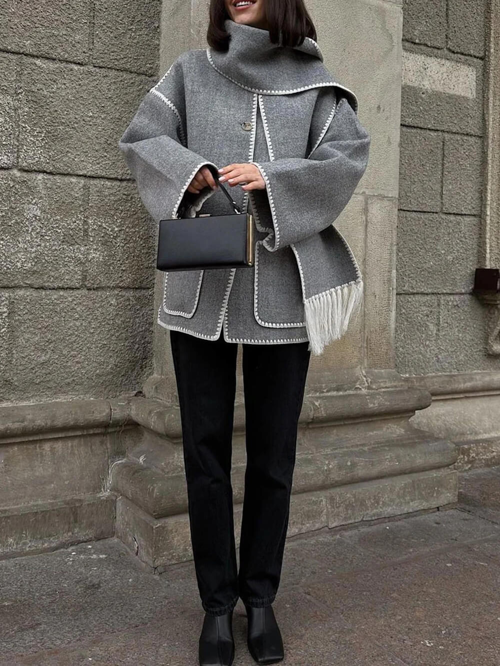 Draped Fringed Blend Jacket With Scarf - Image 14