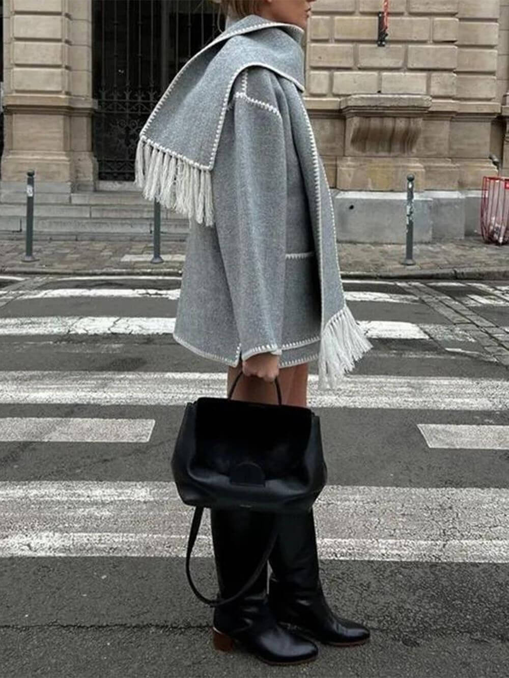 Draped Fringed Blend Jacket With Scarf - Image 15