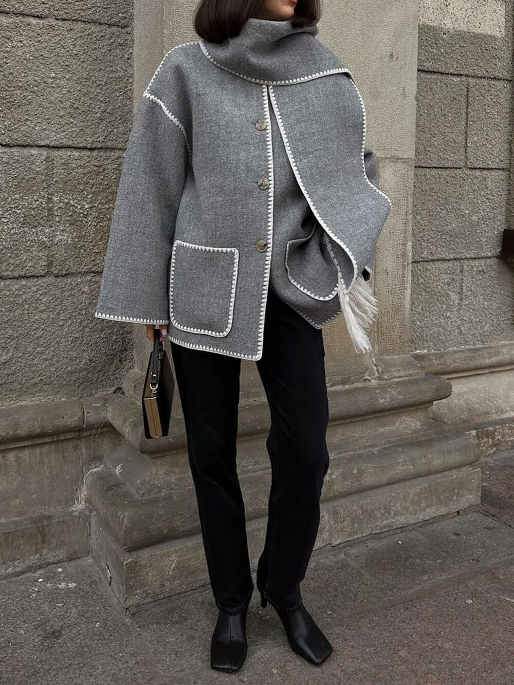 Draped Fringed Blend Jacket With Scarf - Image 3