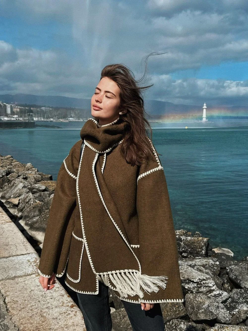 Draped Fringed Blend Jacket With Scarf - Image 5