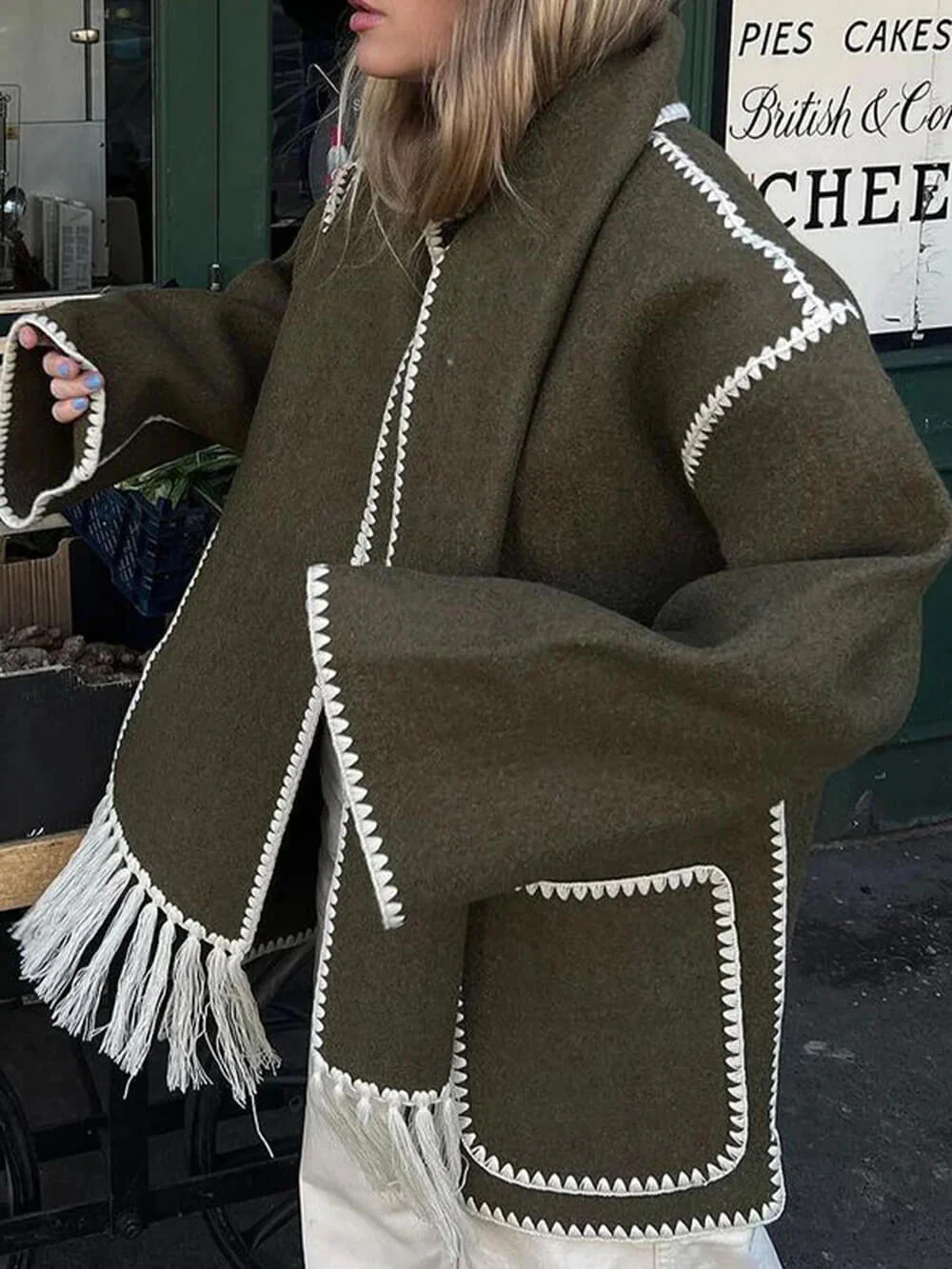 Draped Fringed Blend Jacket With Scarf - Image 6