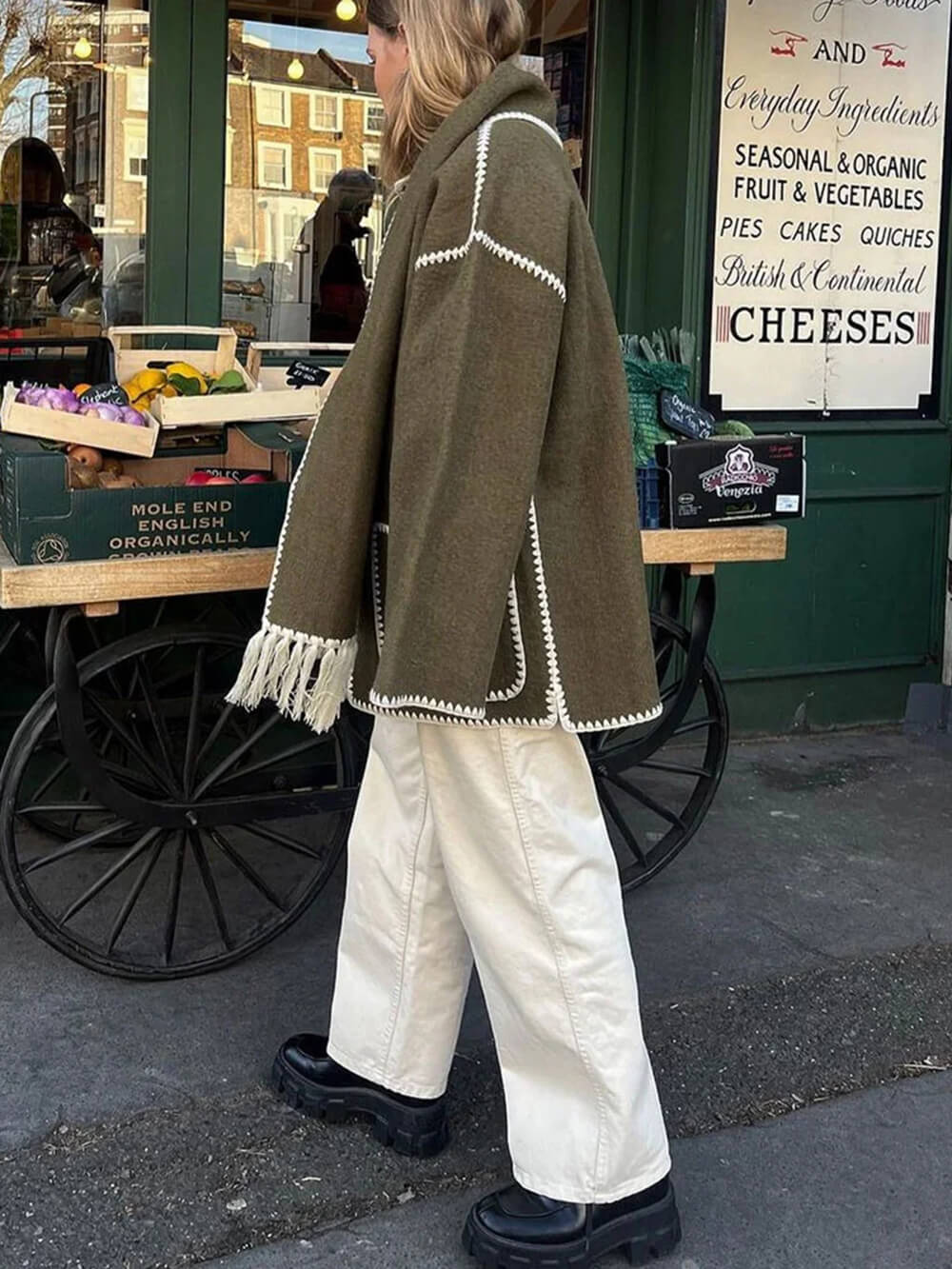 Draped Fringed Blend Jacket With Scarf - Image 7