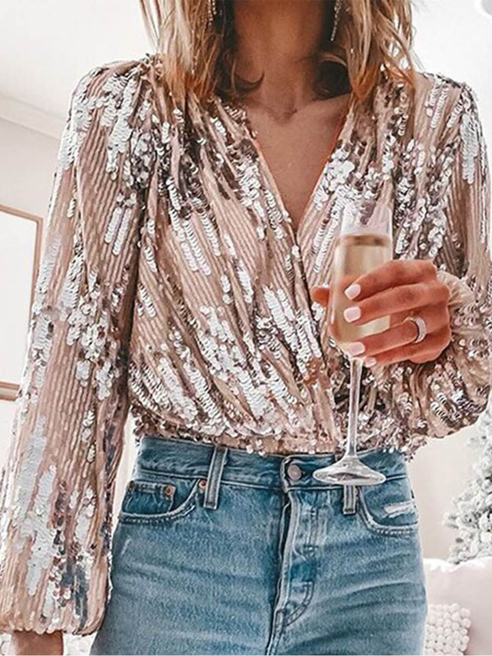 Elegant Patchwork Fold Sequins V Neck Blouses - Image 5