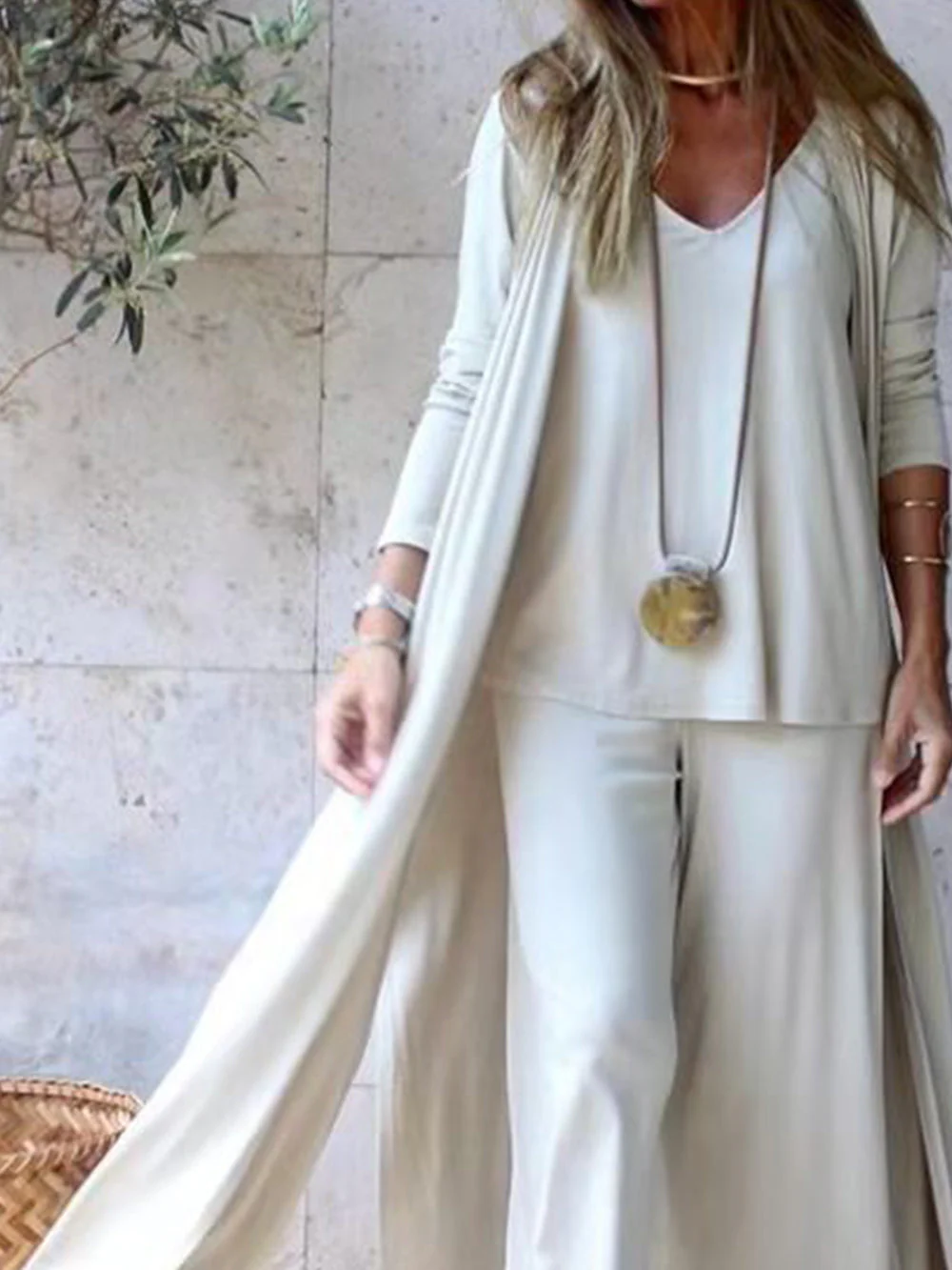 Cardigan Coat Sling Top Wide Leg Pants 3Pcs Set - Image 3