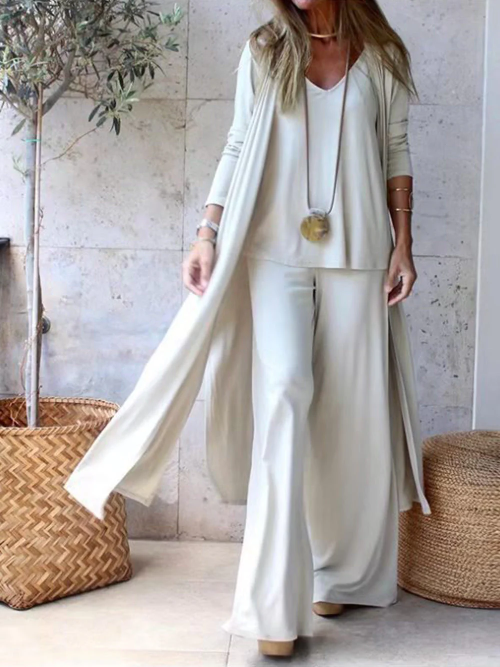 Cardigan Coat Sling Top Wide Leg Pants 3Pcs Set - Image 7