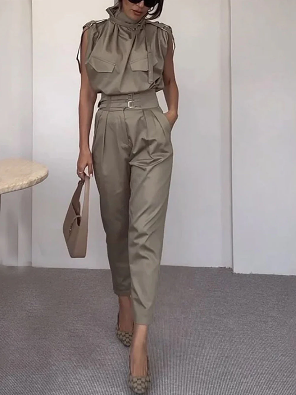 Side Pocket Belt Long Pant Set In Sage - Image 4