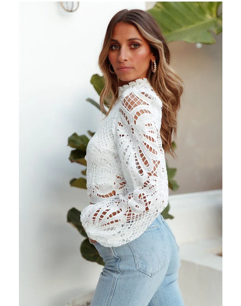 French Style Elegant Flare Sleeve Handmade Lace Eyelet Top - Image 5