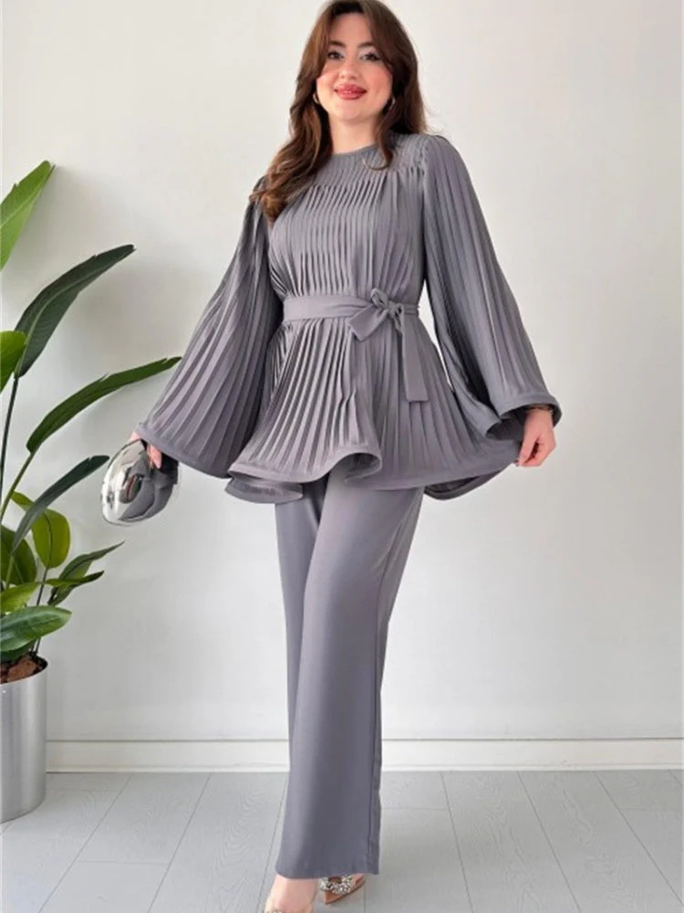 Pleated Flare Tops Pants Set - Image 10