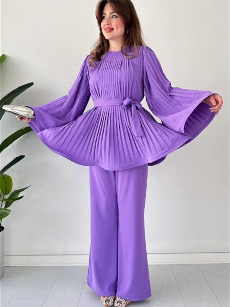 Pleated Flare Tops Pants Set - Image 15