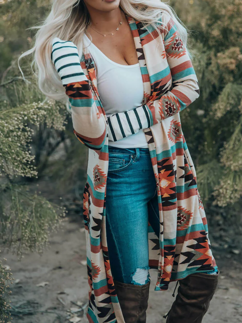 Multicolor Geometric Color Block Long Cardigan - Image 3