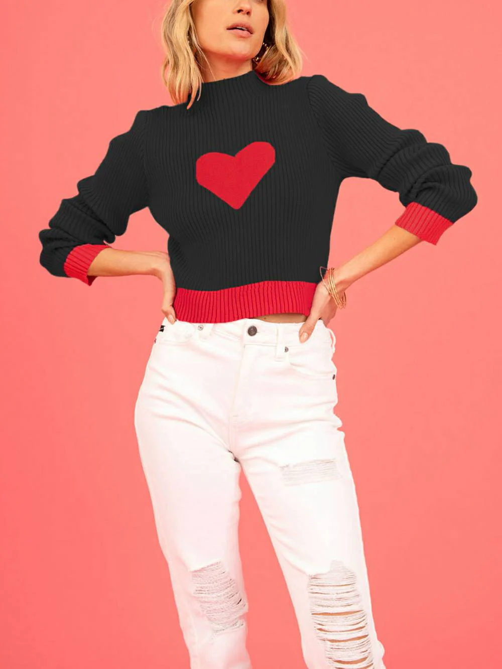 Valentine's Day Heart Pattern Turtleneck Knit Sweater - Image 7